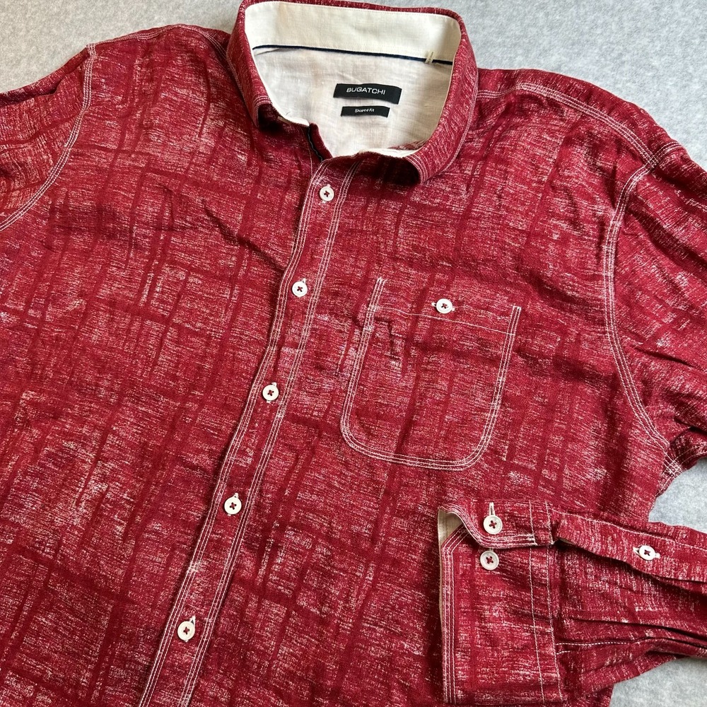 Bugatchi Shaped Fit Men’s XL Red 100% Linen Button Down Shirt Long Sleeve